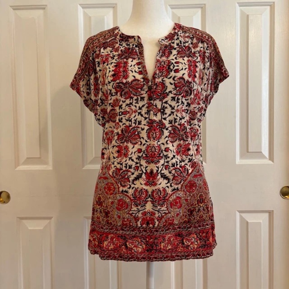 Lucky Brand Red and White Short Sleeve Blouse with Mandarin Collar